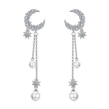 Load image into Gallery viewer, Crescent Moon & Pearl Drop Earrings