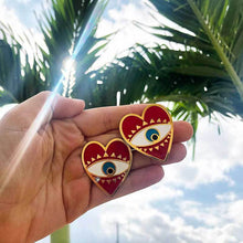 Load image into Gallery viewer, Red Heart Evil Eye Earrings