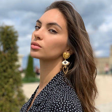 Load image into Gallery viewer, Heart & Evil Eye Charm Drop Earrings
