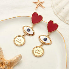 Load image into Gallery viewer, Red Heart & Evil Eye Drop Earrings