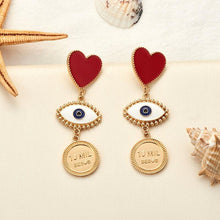 Load image into Gallery viewer, Red Heart & Evil Eye Drop Earrings