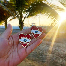 Load image into Gallery viewer, Red Heart Evil Eye Earrings