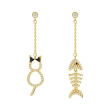 Load image into Gallery viewer, Crystal Cat & Fish Bone Earrings