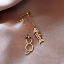 Load image into Gallery viewer, Crystal Cat & Fish Bone Earrings