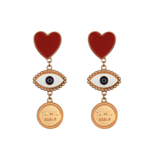 Load image into Gallery viewer, Red Heart & Evil Eye Drop Earrings