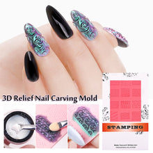 Load image into Gallery viewer, 3D Relief Soft Silicone Nail Carving Mold/Nail Glitter/Glue Set Nail Sculpture Stamping Stencils DIY UV Gel Nail Art Accessories