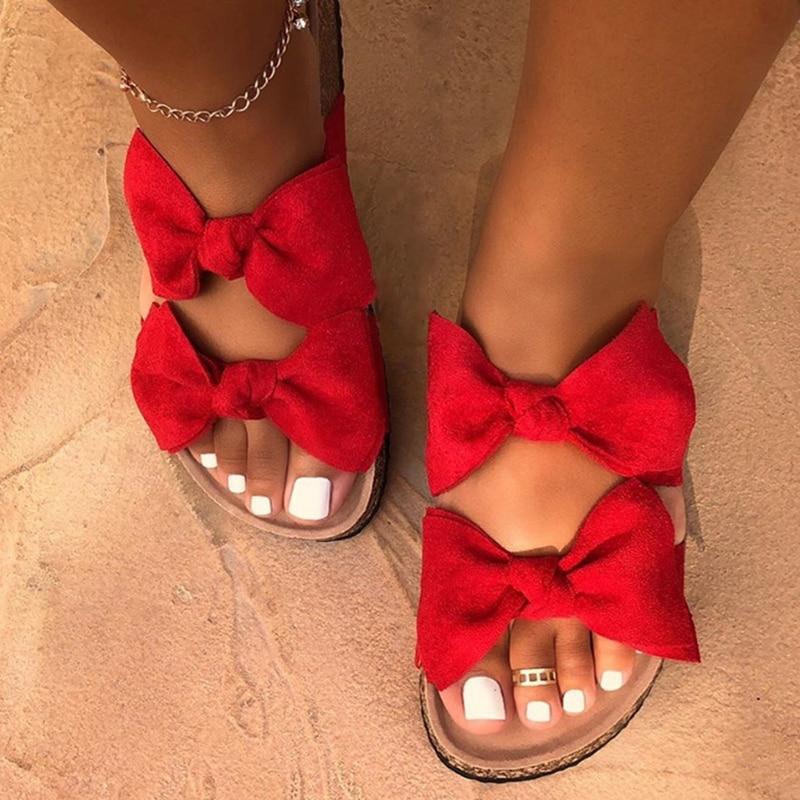 2021 Women Sandals Shoes Bow-Knot Anti-Slip Flat Sandals Comfortable Retro Beach Shoes Plus Size
