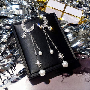Crescent Moon & Pearl Drop Earrings