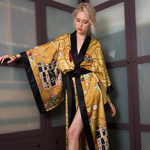 Silk Oil Painting Printed Kimono Robe Dressing