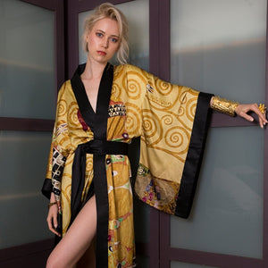 Silk Oil Painting Printed Kimono Robe Dressing