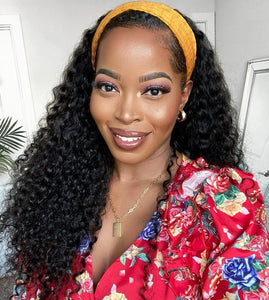 Headband Wig Curly Human Hair Wig With Free Scarf Natural Color Wig For Black Women