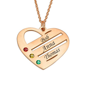 Birthstone Heart Necklace with Engraved Names - Gold Plated