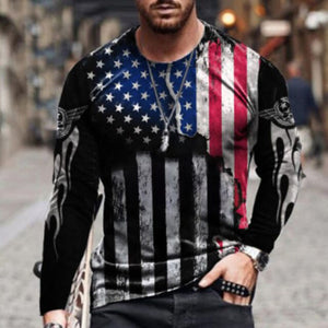 2021 Men's Long Sleeve T-shirts Summer New Fashion American Flag Print Top O-neck Pullovers Vintage Tshirts For Men Clothing