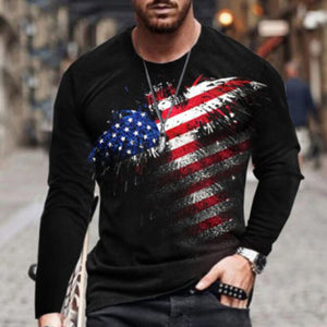 2021 Men's Long Sleeve T-shirts Summer New Fashion American Flag Print Top O-neck Pullovers Vintage Tshirts For Men Clothing