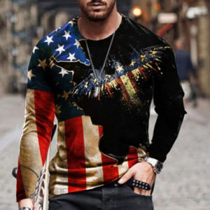 2021 Men's Long Sleeve T-shirts Summer New Fashion American Flag Print Top O-neck Pullovers Vintage Tshirts For Men Clothing