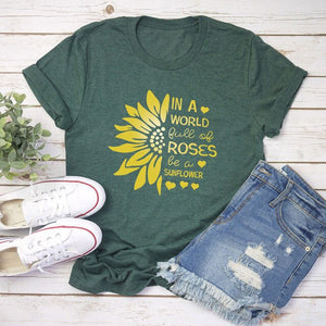 2021 Summer O-neck Sunflower Print T-shirt