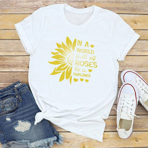 2021 Summer O-neck Sunflower Print T-shirt