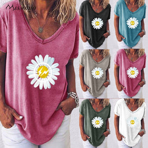 T Shirts Women Summer  Daisies Print Short Sleeve V-neck Loose casual Shirts