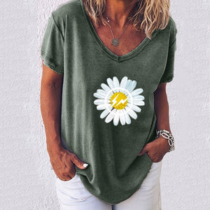 T Shirts Women Summer  Daisies Print Short Sleeve V-neck Loose casual Shirts