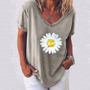 T Shirts Women Summer  Daisies Print Short Sleeve V-neck Loose casual Shirts