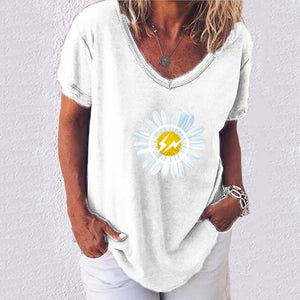 T Shirts Women Summer  Daisies Print Short Sleeve V-neck Loose casual Shirts